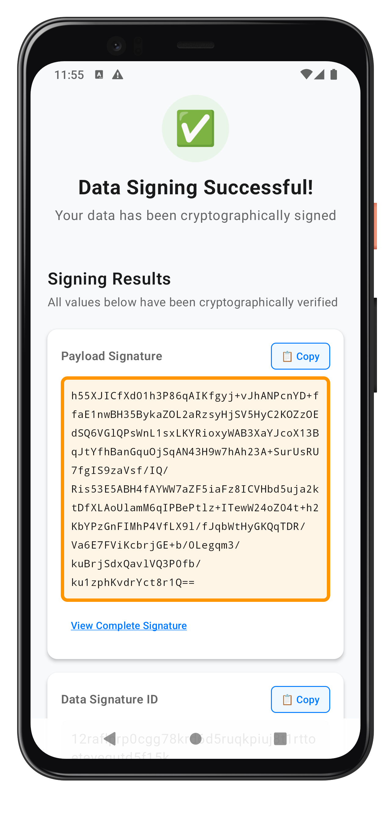 Data Signing Result Screen
