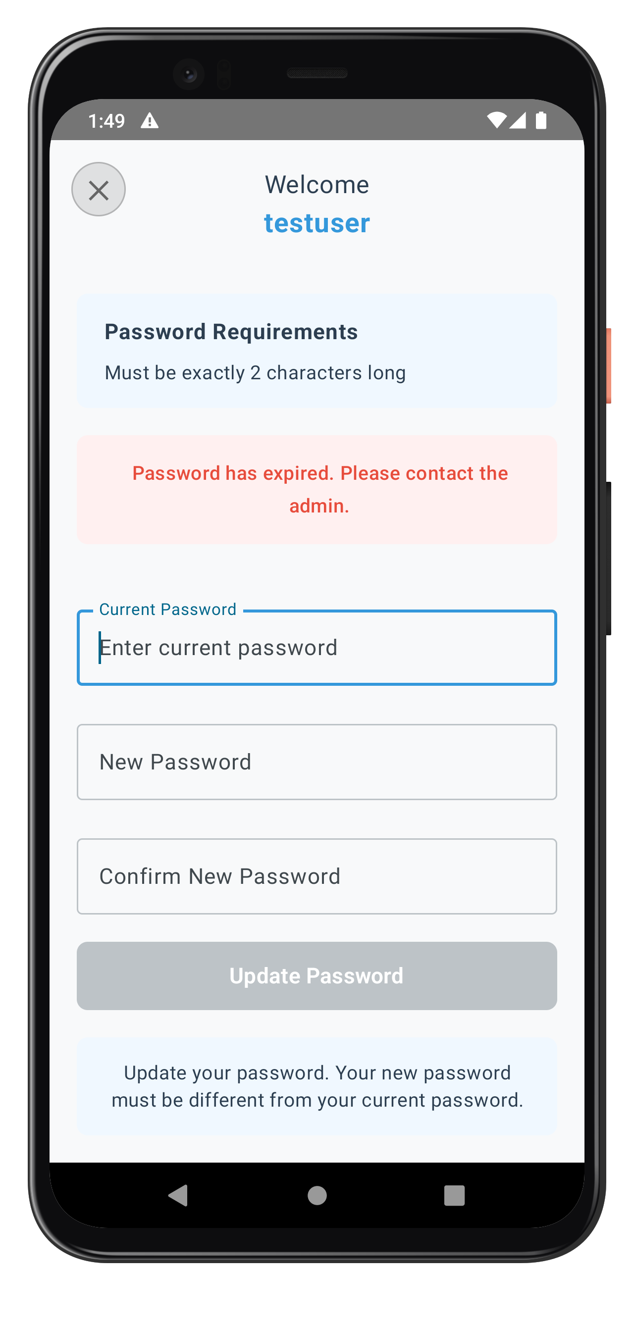 Update Expiry Password Screen with Error