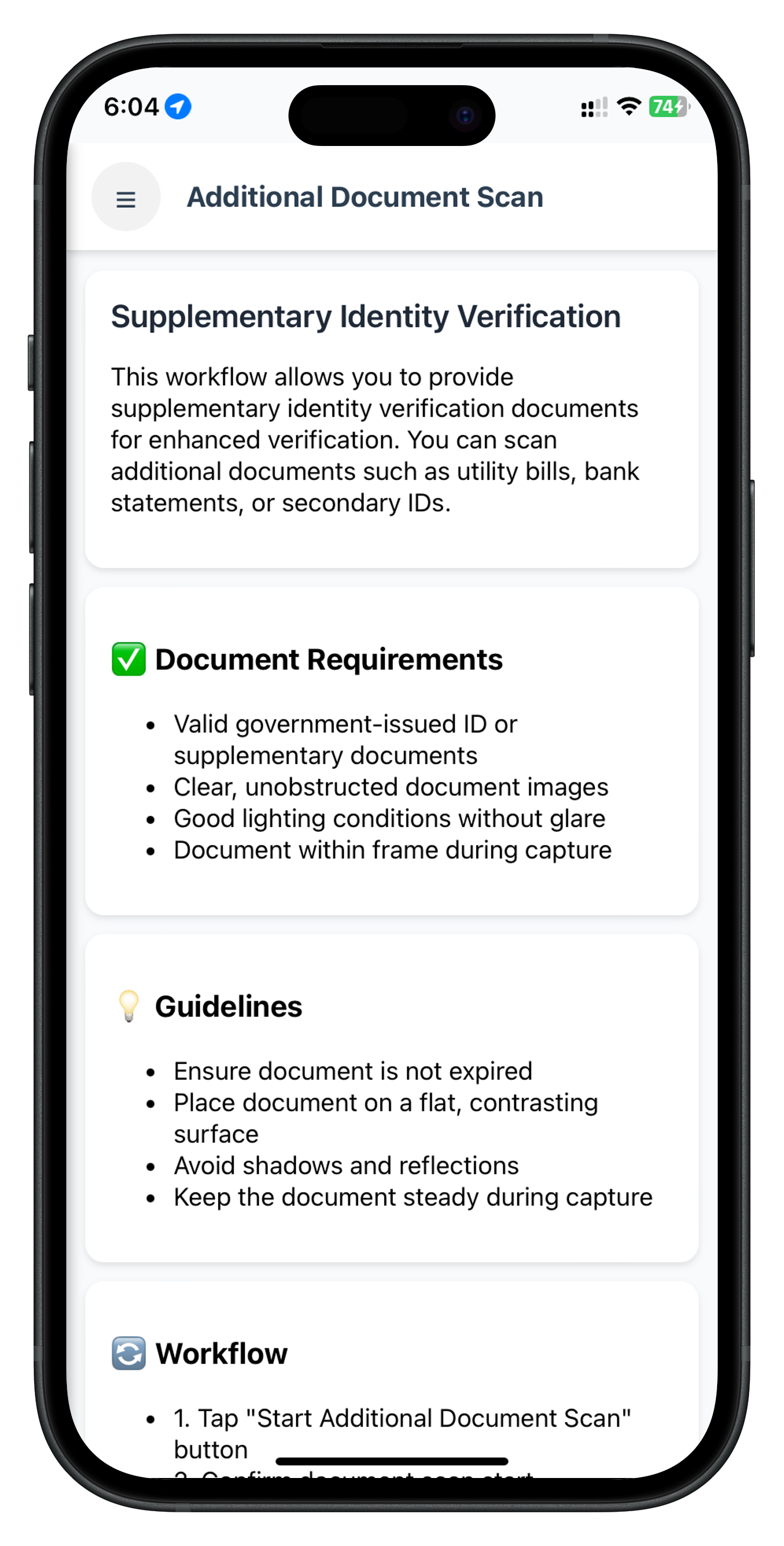 Additional Document Scan Screen - Top Portion