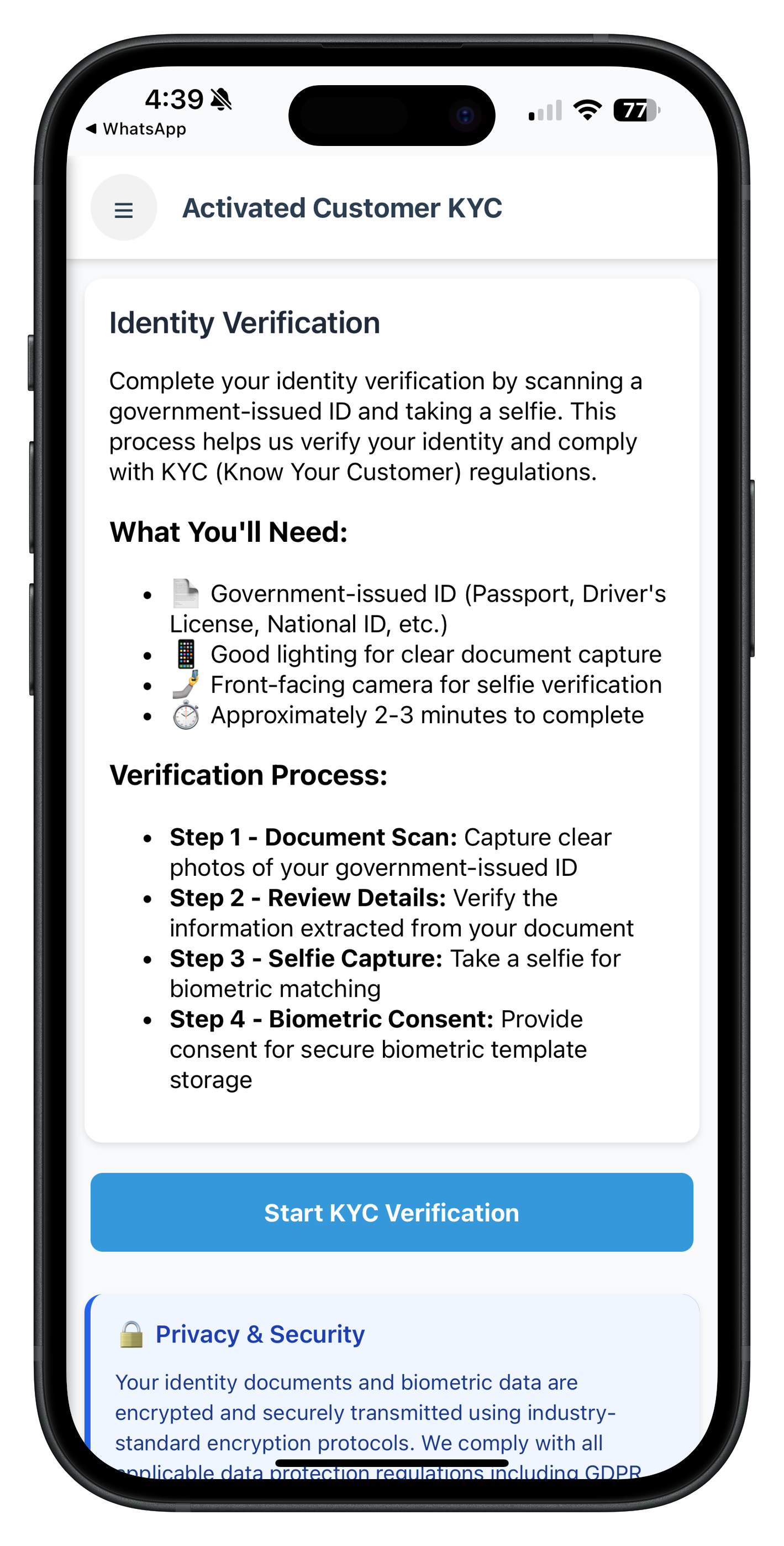 Activated Customer KYC Screen