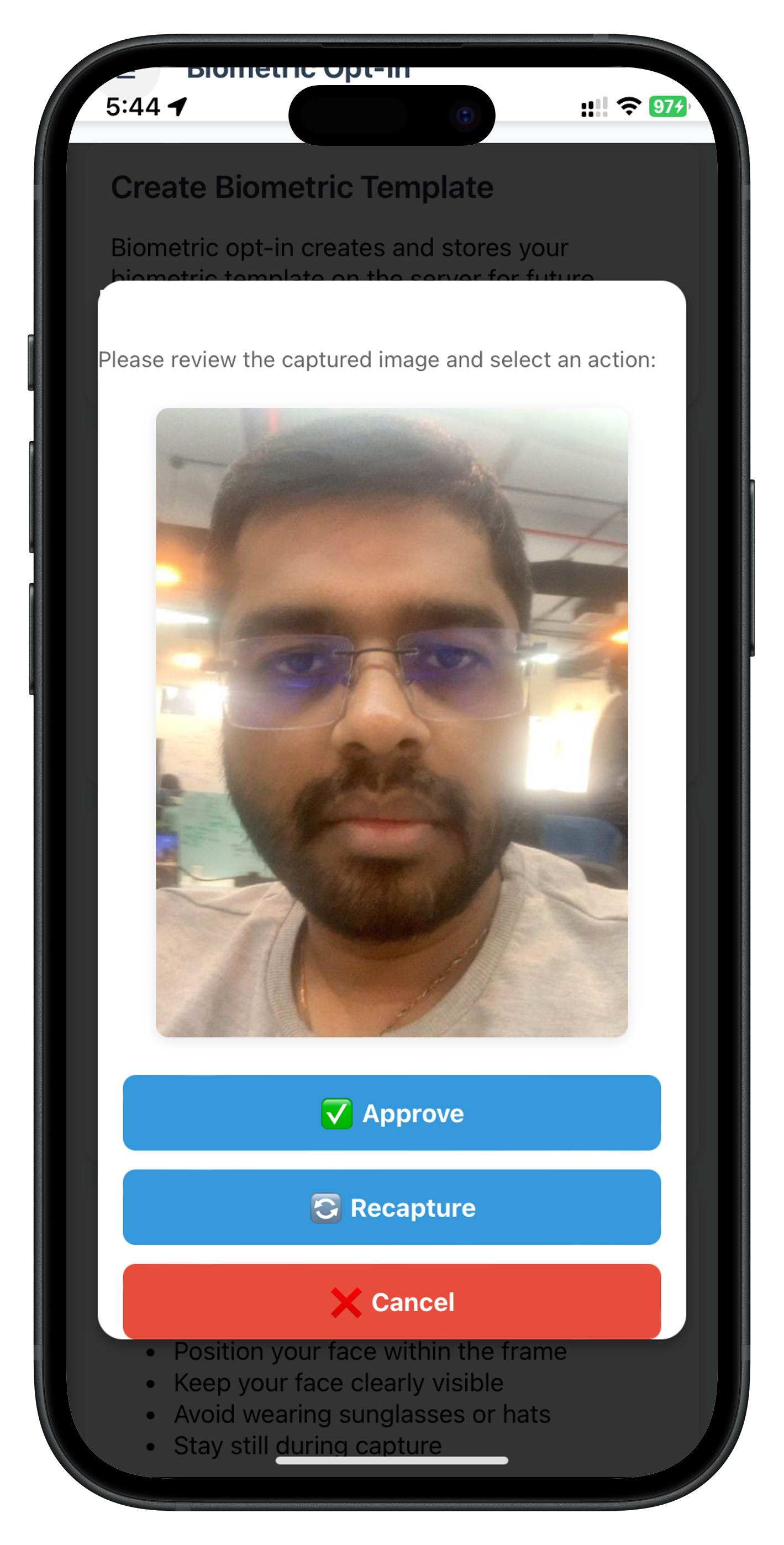 Biometric Opt-In Captured Frame Confirmation Modal