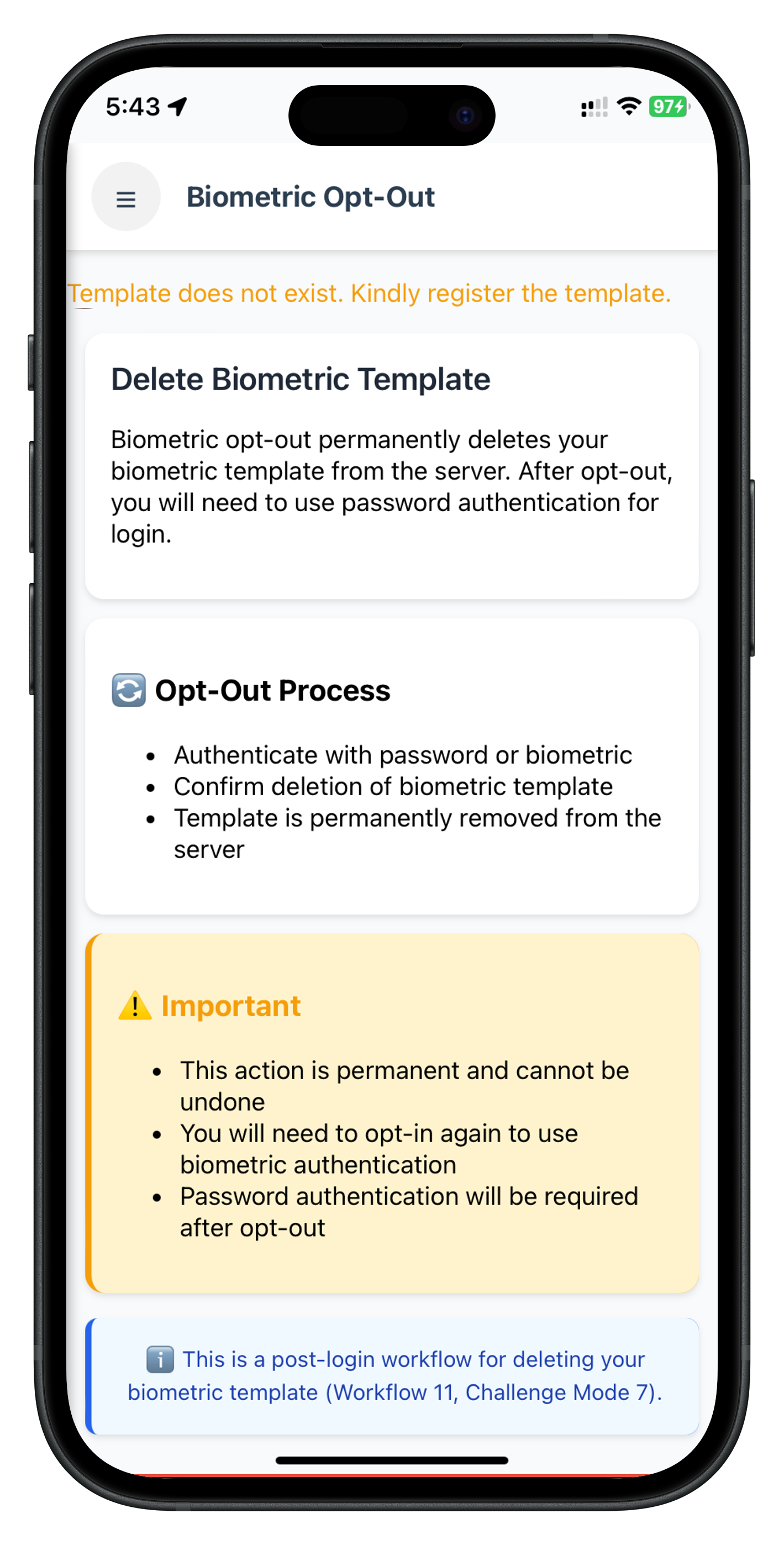 Biometric Opt-Out Screen
