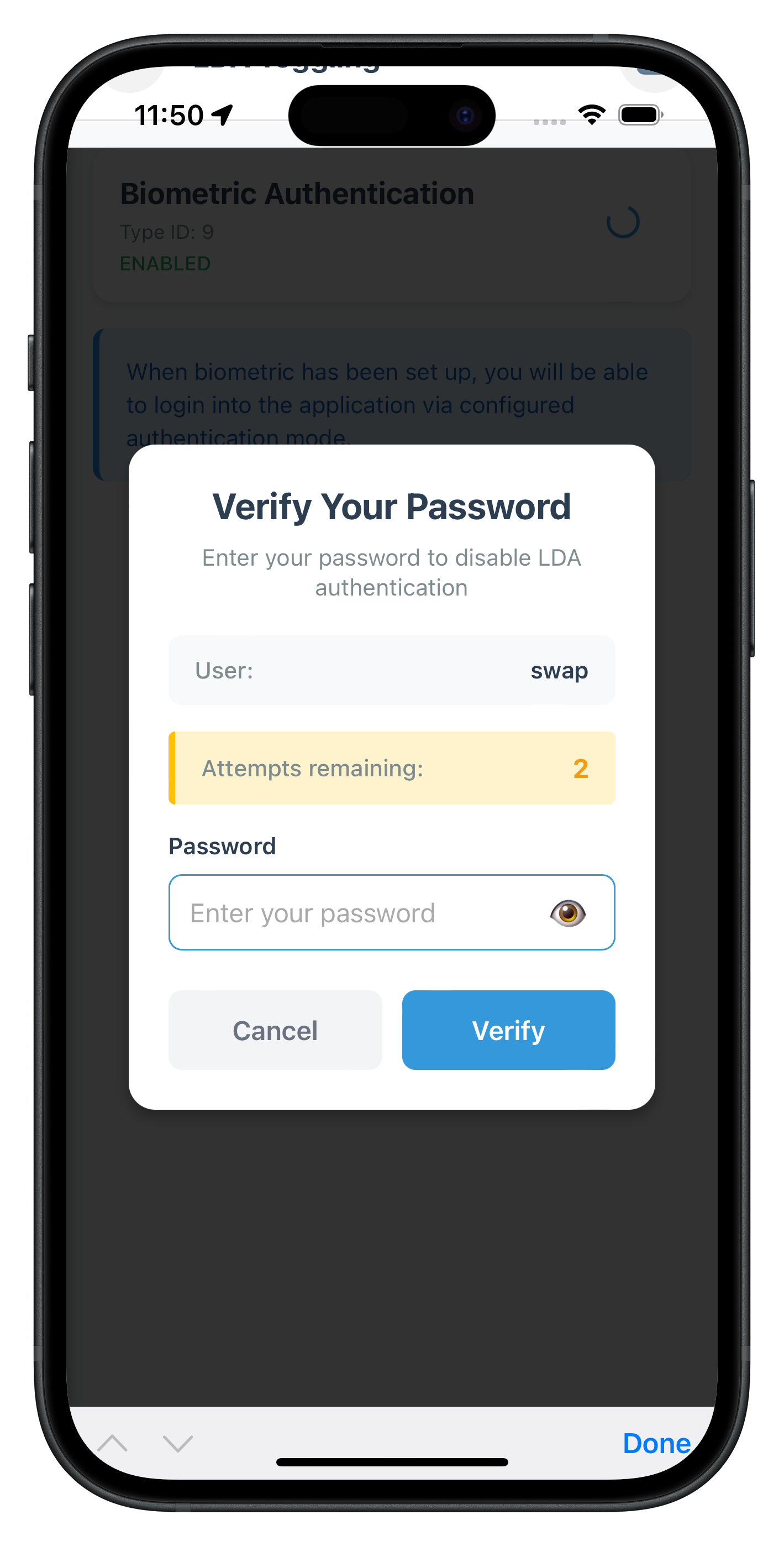 Verify Password LDAToggling Unified Dialog