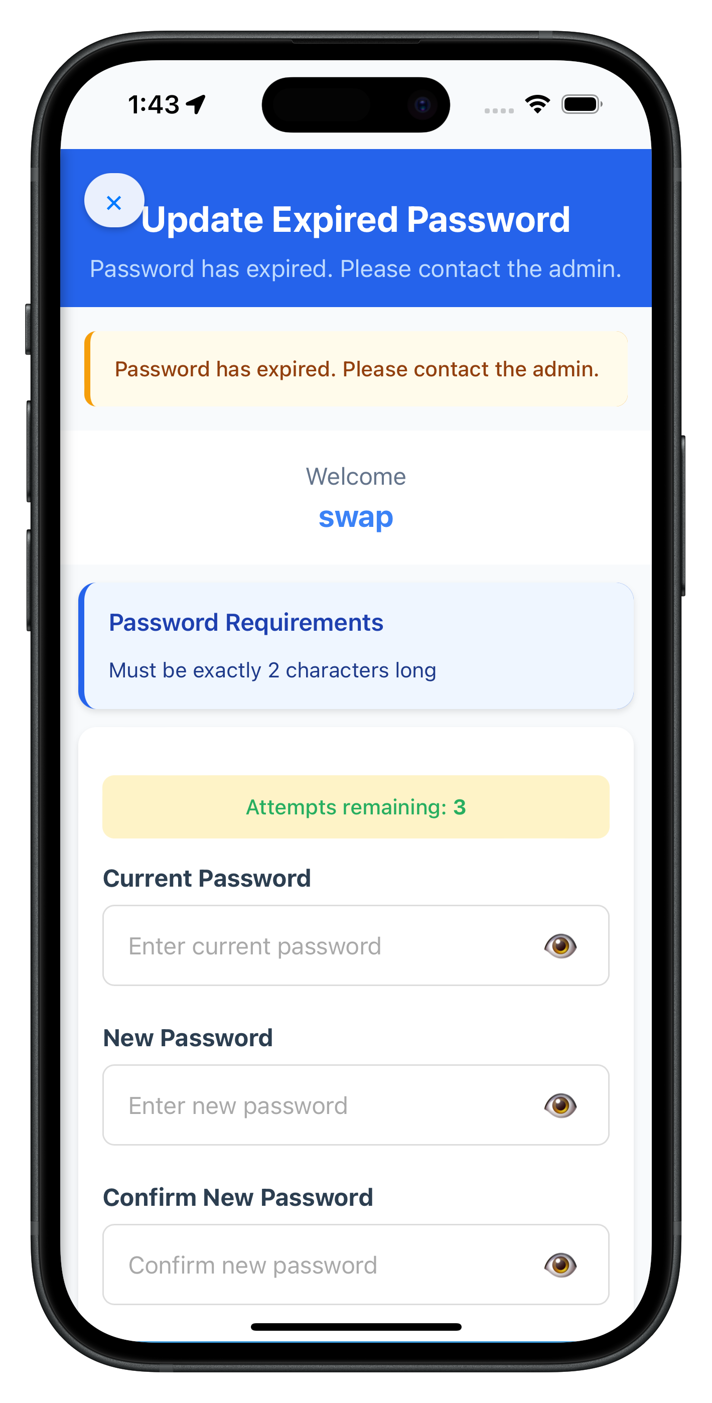 Expiry Update Password Screen