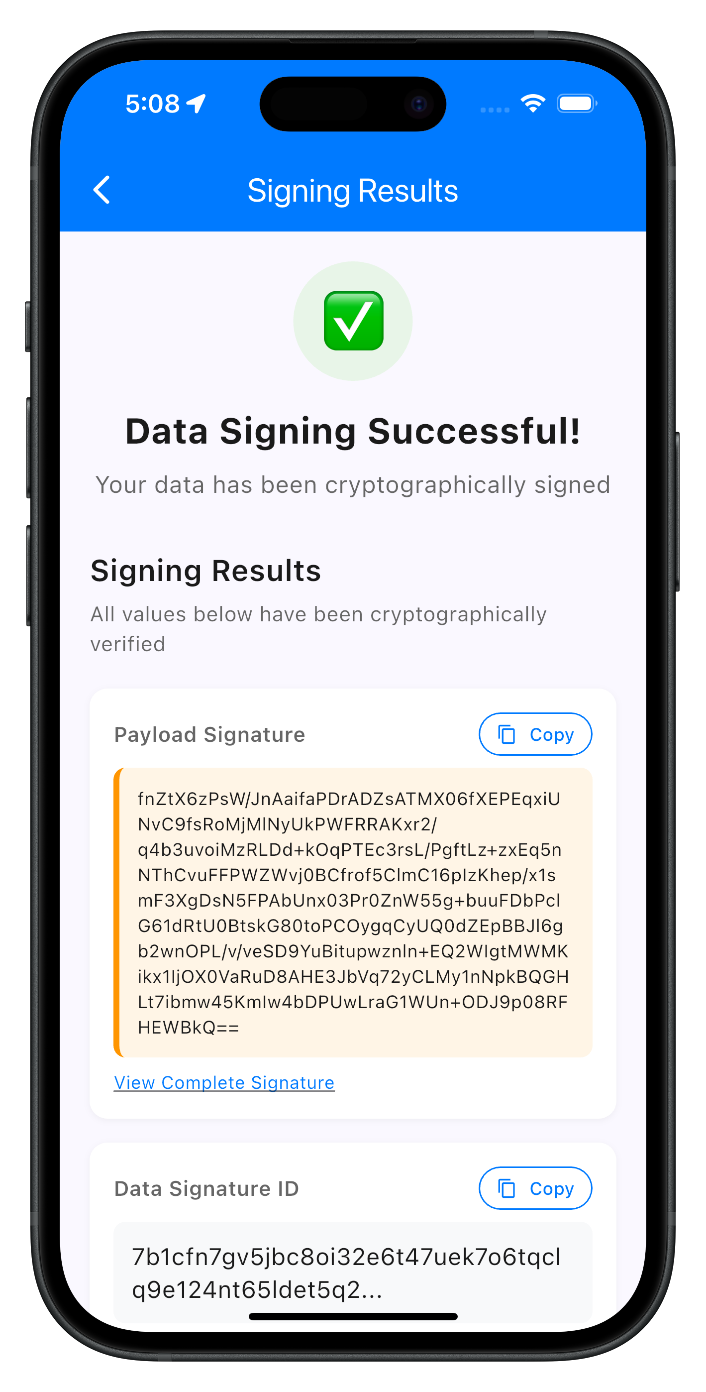 Data Signing Success Results Screen