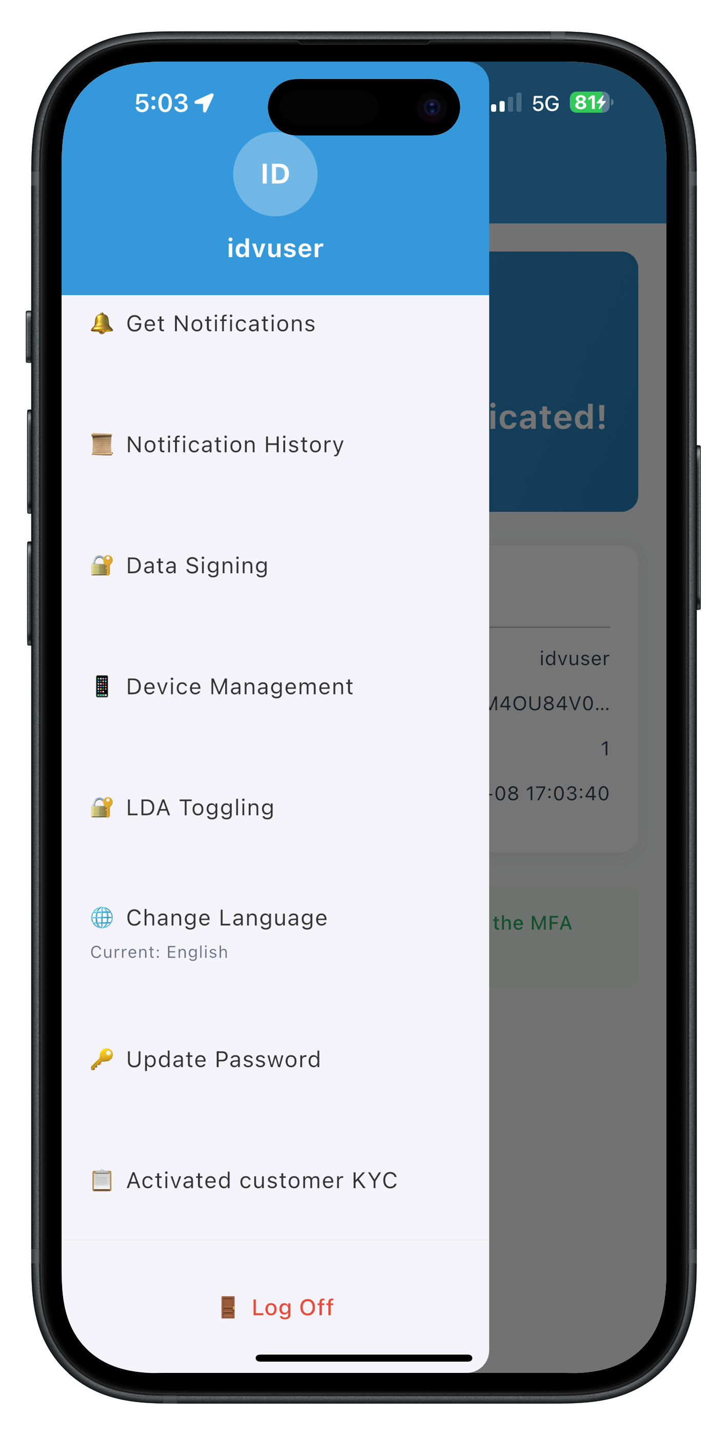 Drawer Menu with KYC Item