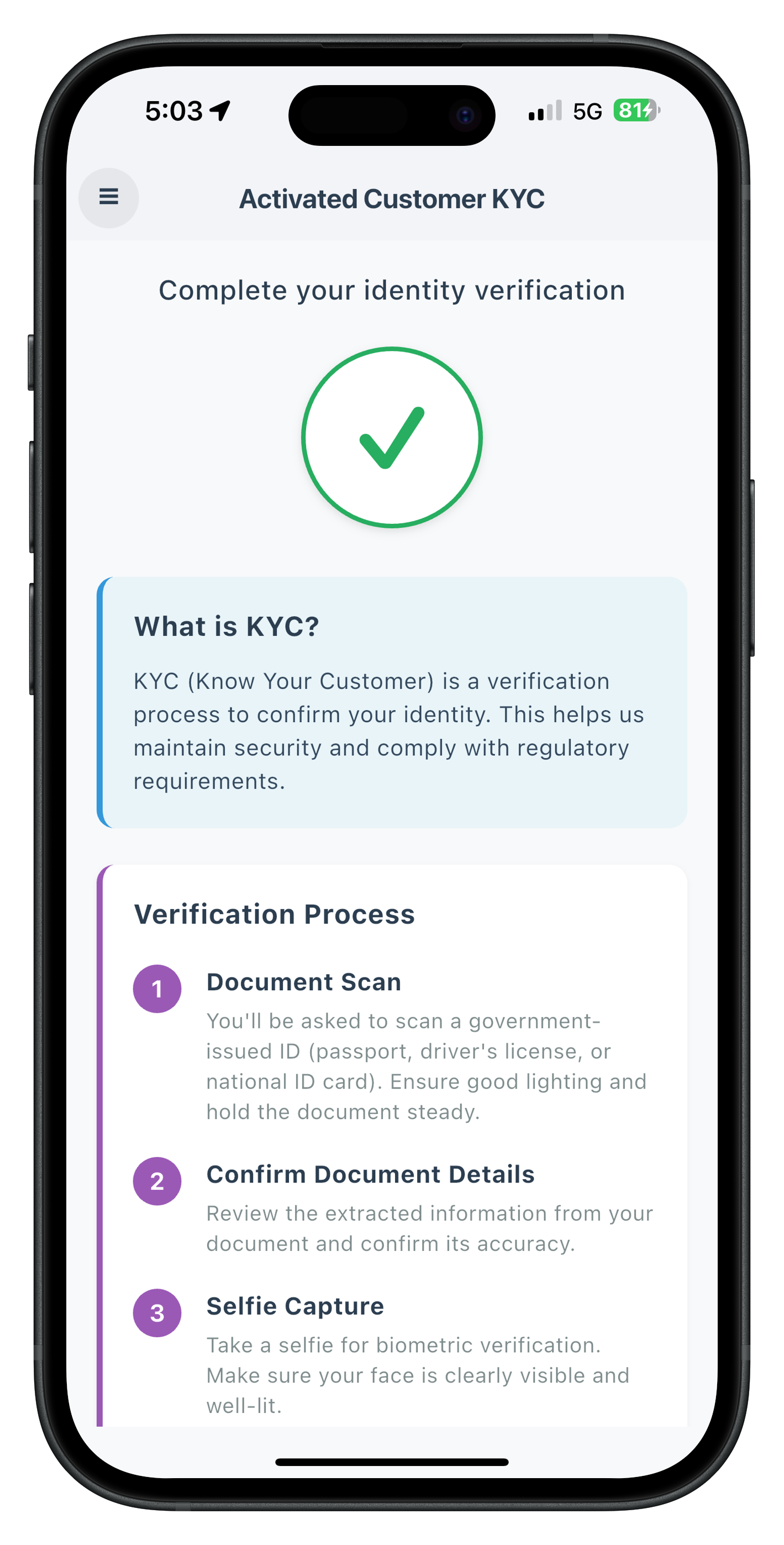 Activated Customer KYC Screen - Initial State
