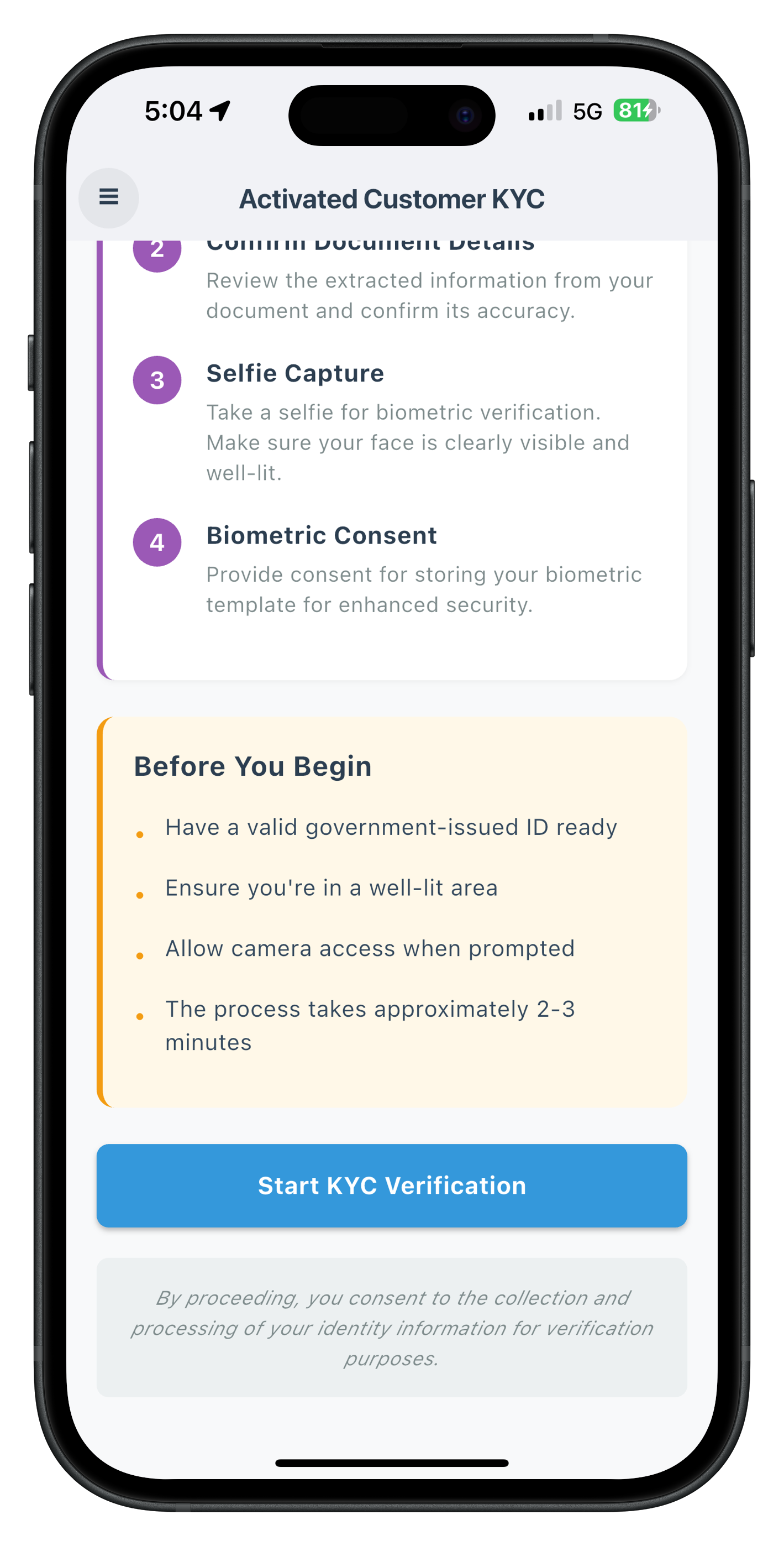 Activated Customer KYC Screen - Processing