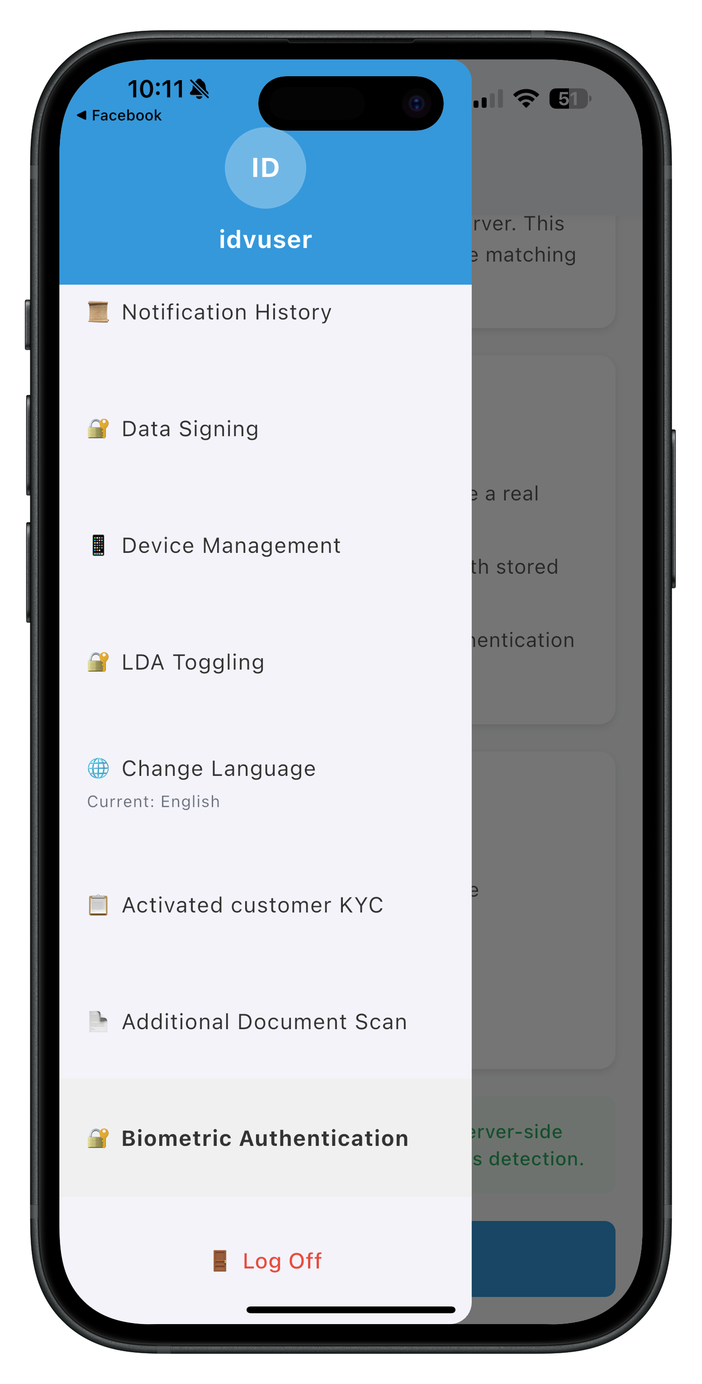 IDV Drawer Menu - Biometric Authentication