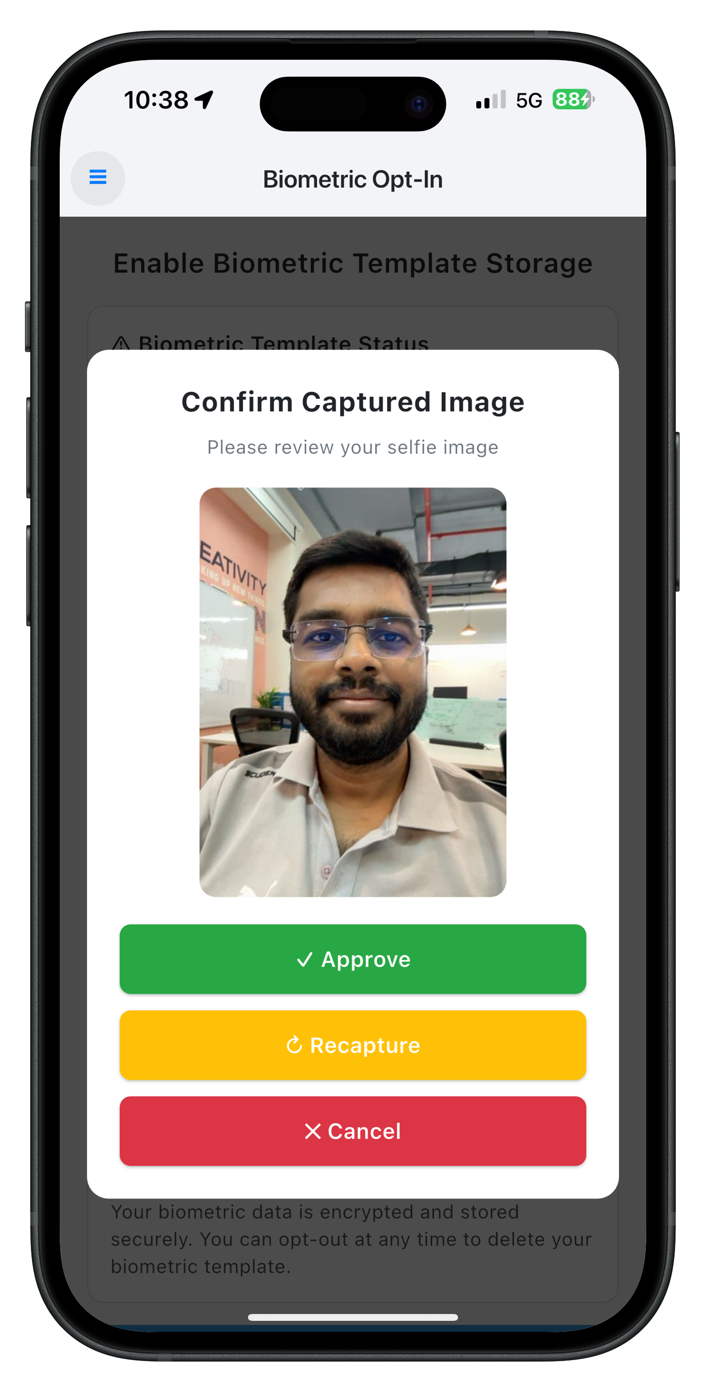 Biometric Opt-In Captured Frame Confirmation Modal