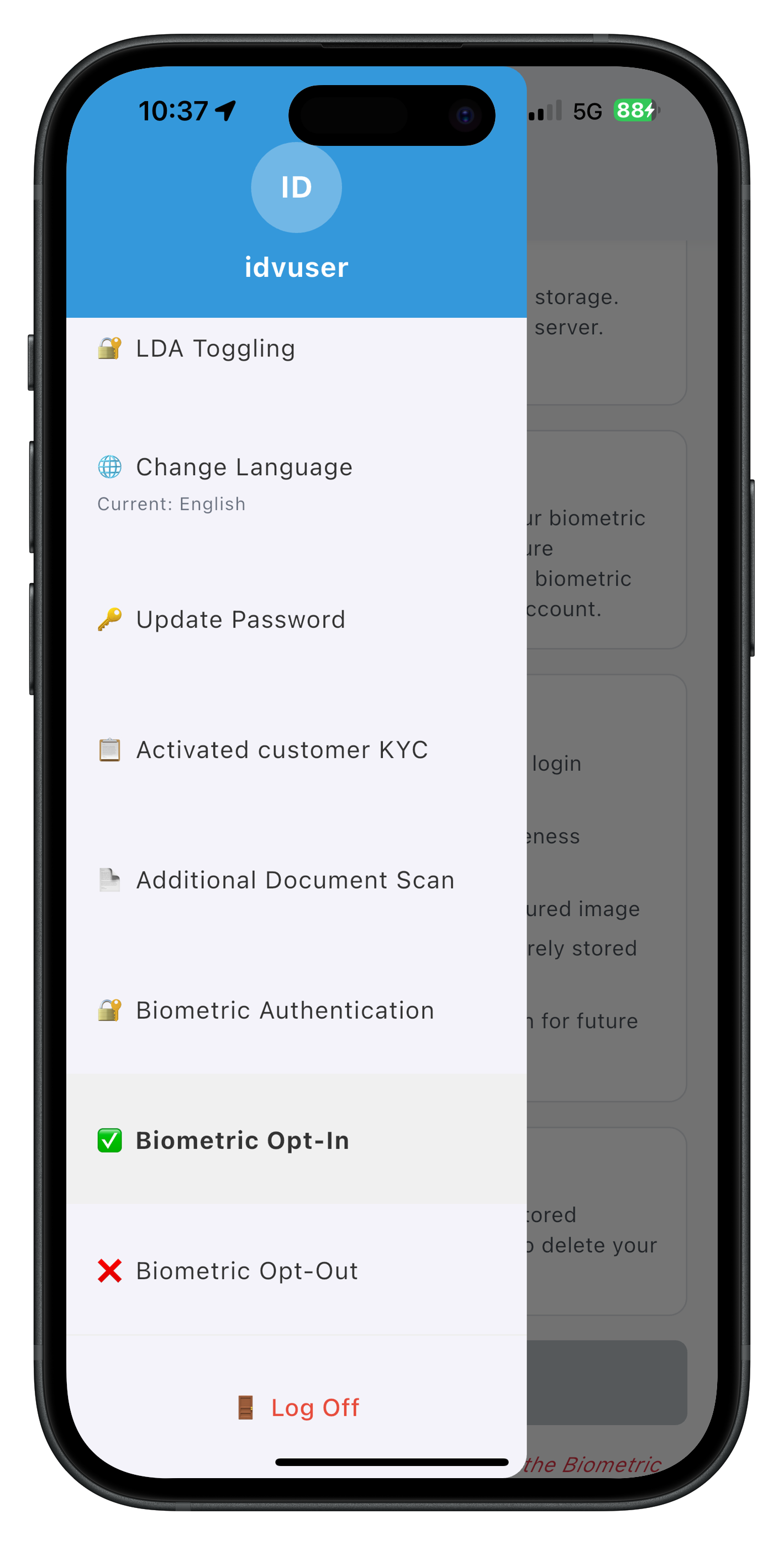 Drawer Menu with Biometric Opt-In and Opt-Out Items