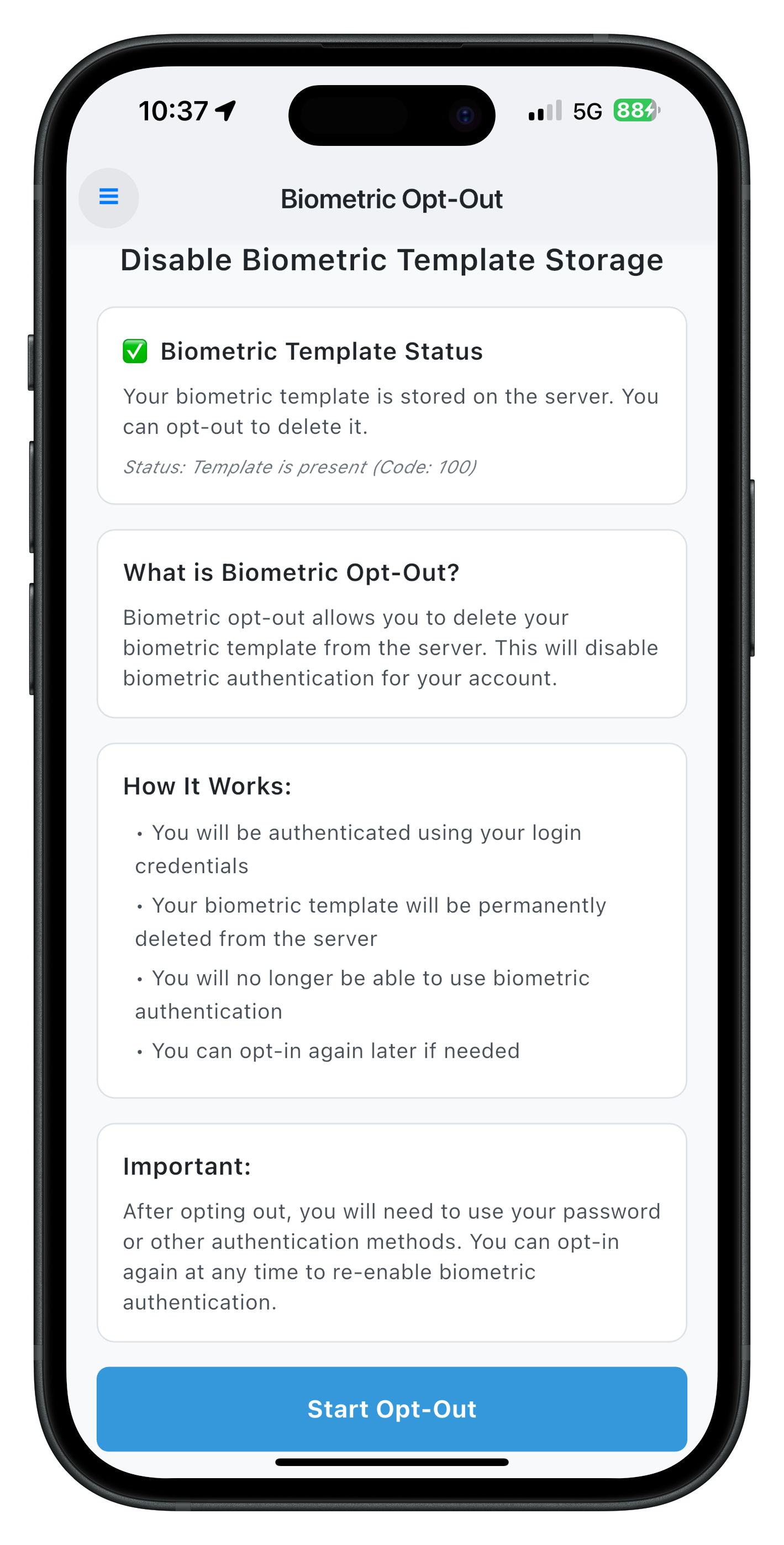 Biometric Opt-Out Screen