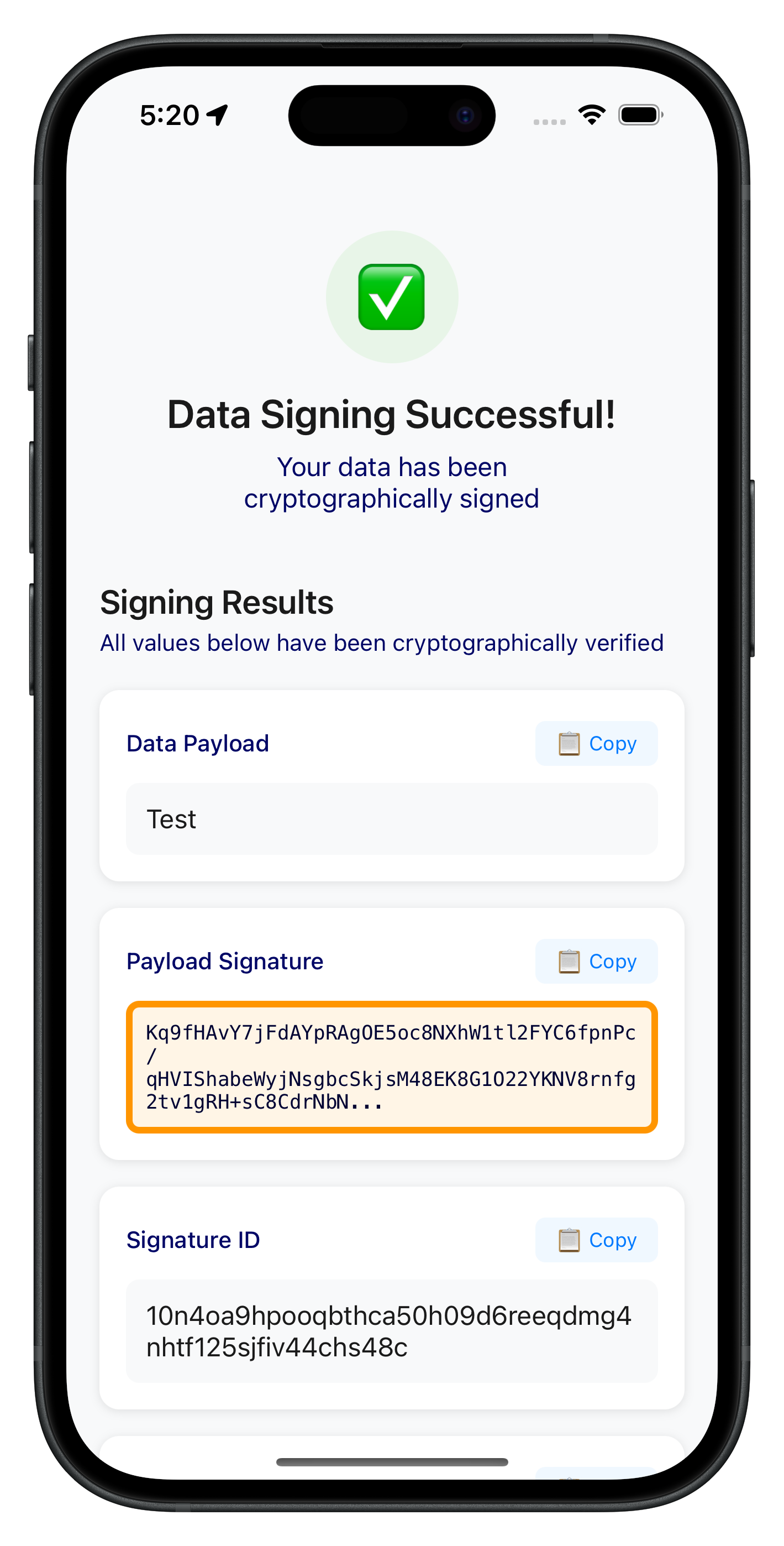 Data Signing Success Results Screen