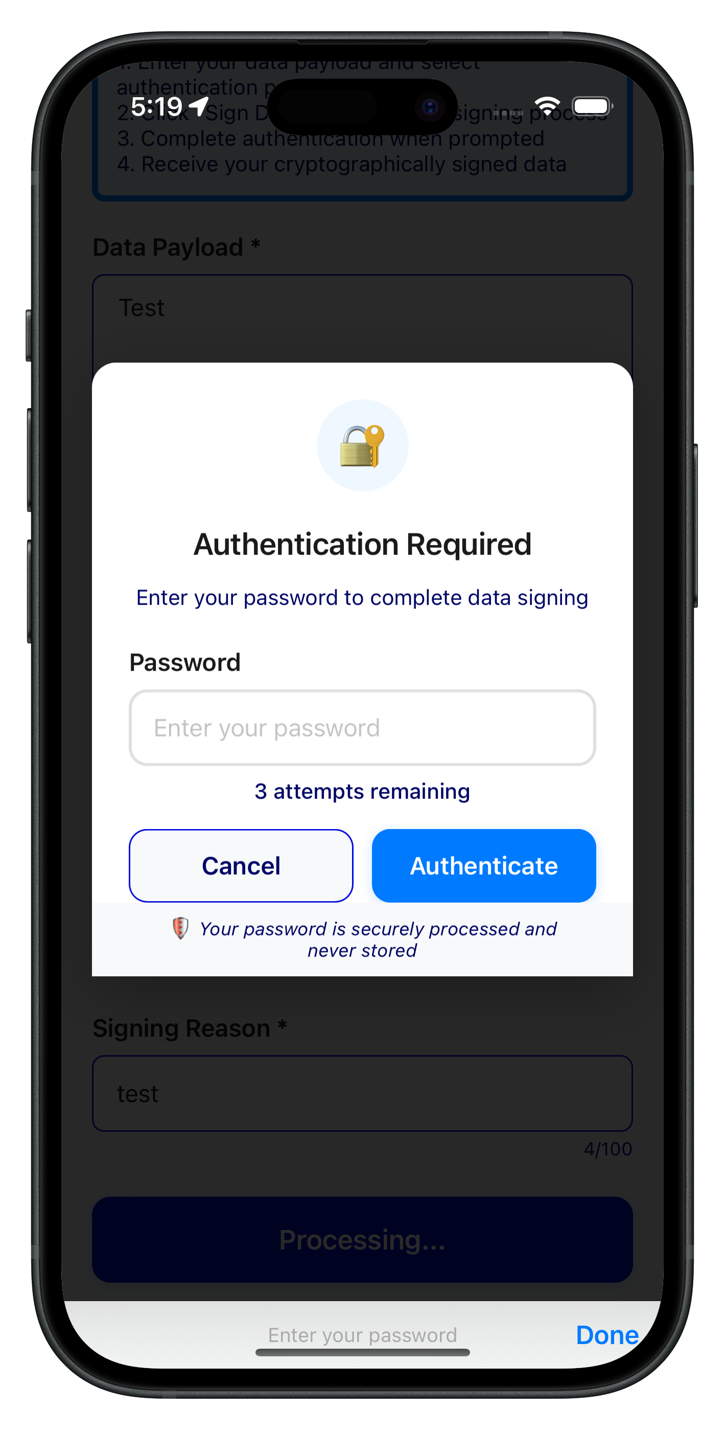 Data Signing Password Challenge Modal