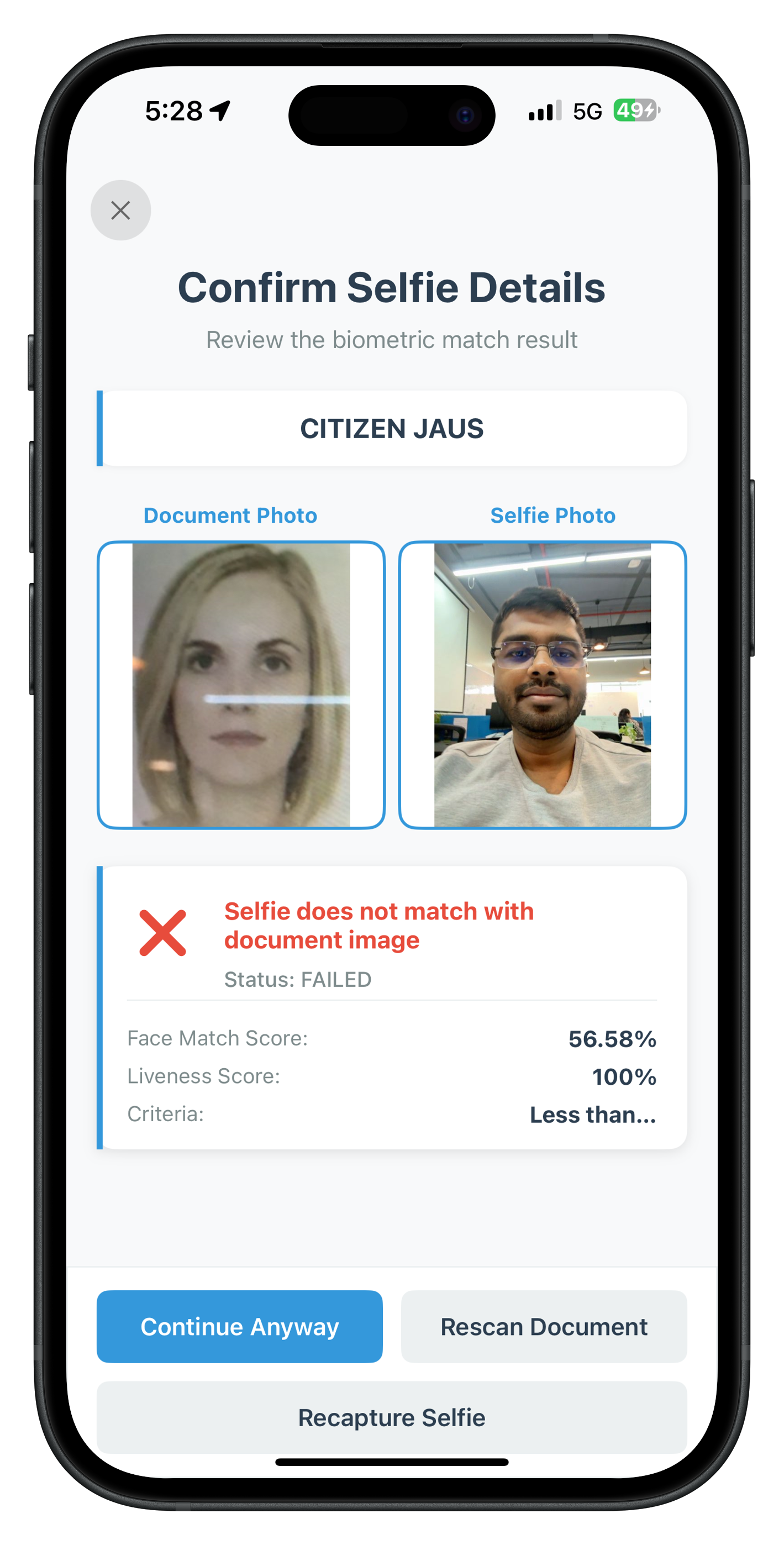 iOS IDV Selfie Confirmation Screen