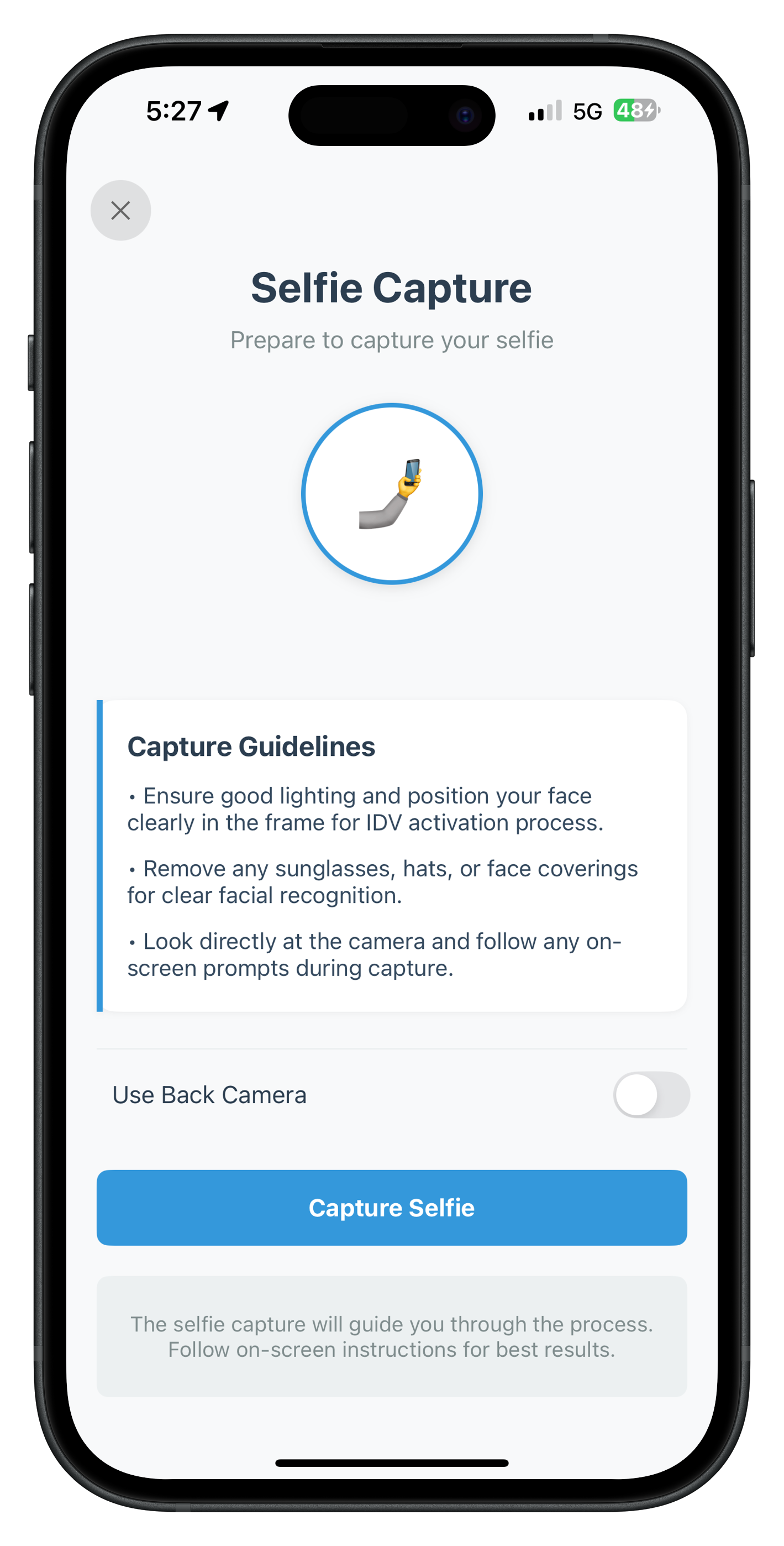 iOS IDV Selfie Capture Start Screen