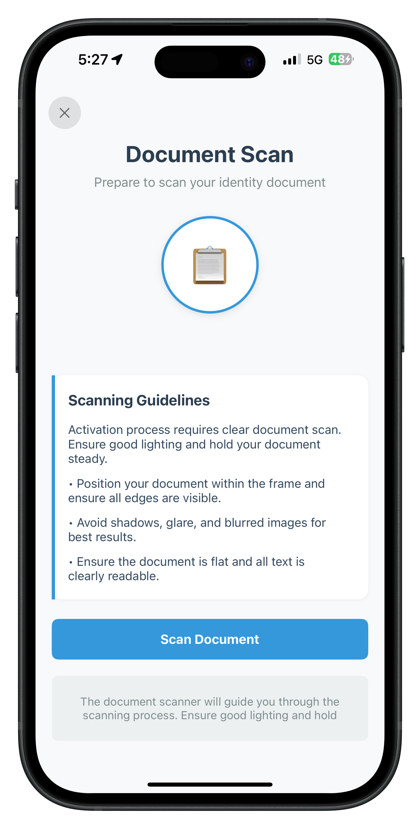 iOS IDV Document Scan Start Screen