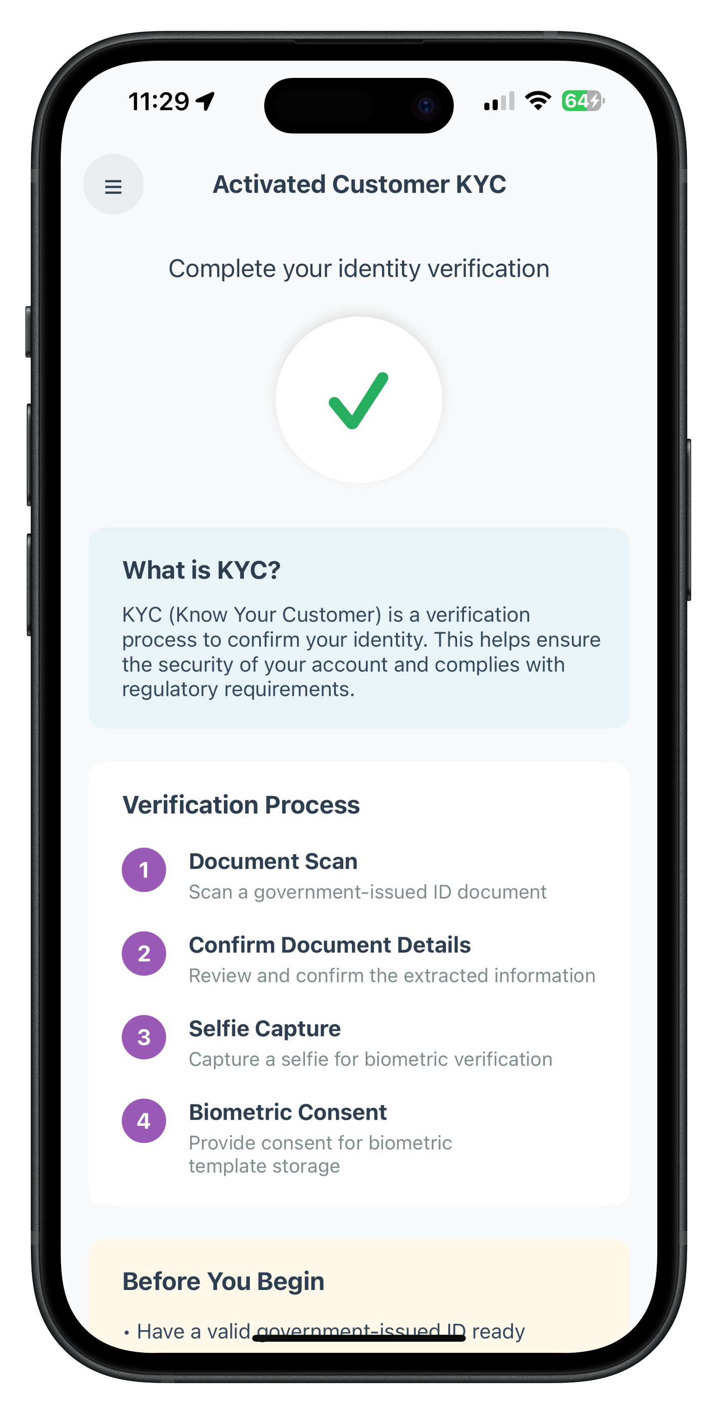 Activated Customer KYC Screen - Initial State