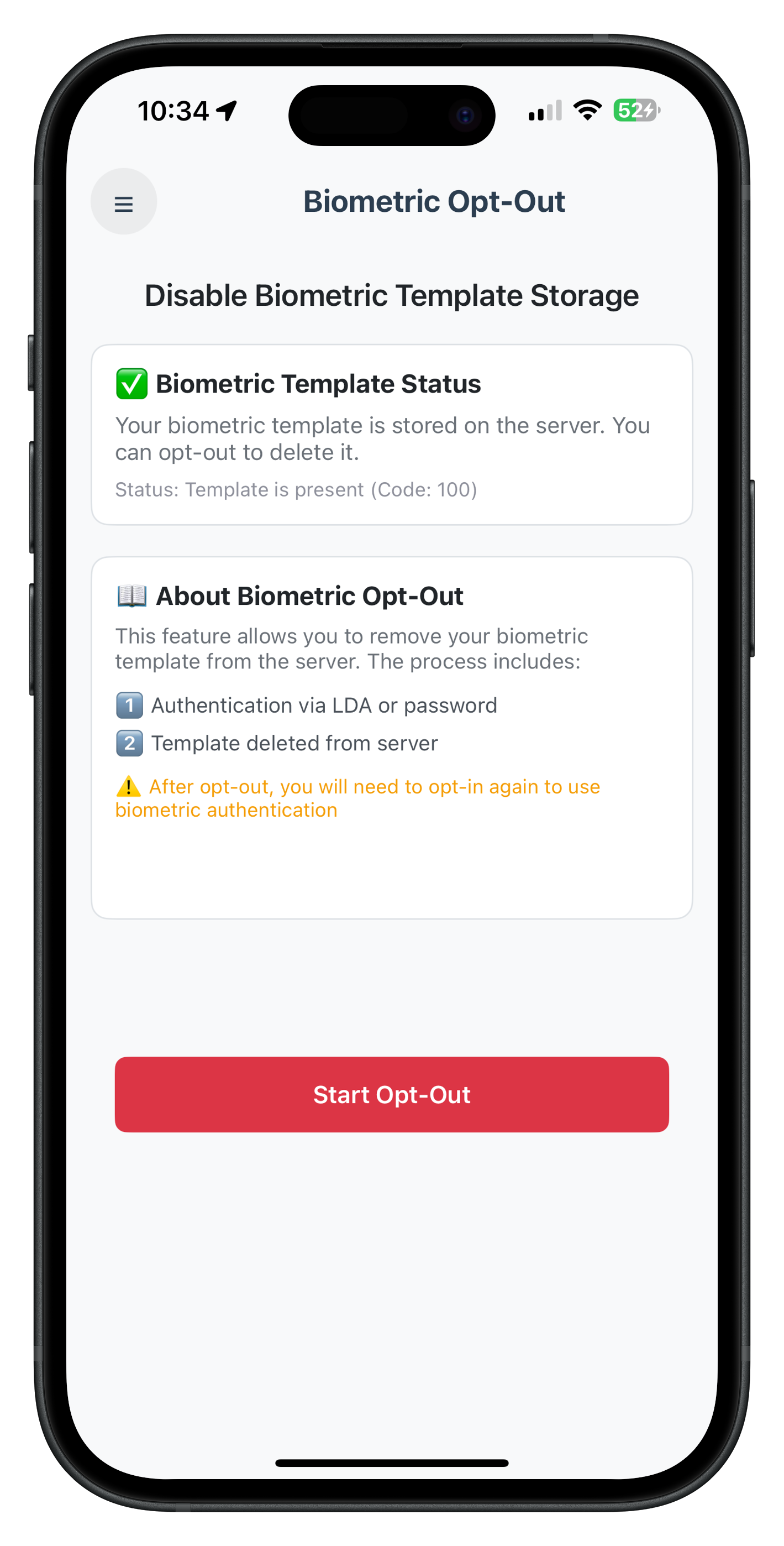 Biometric Opt-Out Screen