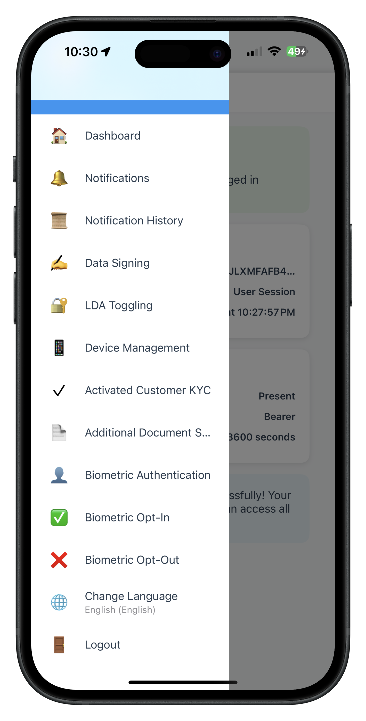 Side Menu with Biometric Opt-In and Opt-Out Items