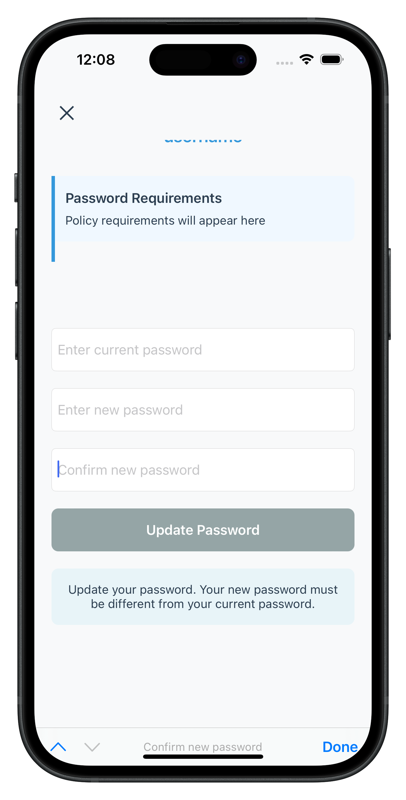 Expiry Update Password Screen