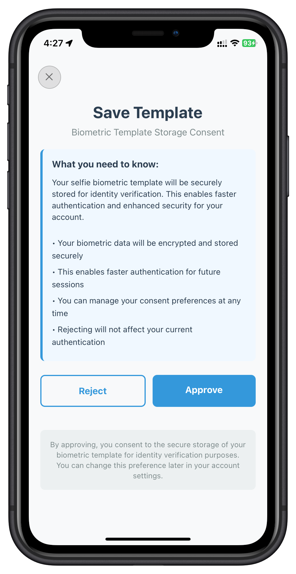 IDV Biometric Opt-In Consent Screen