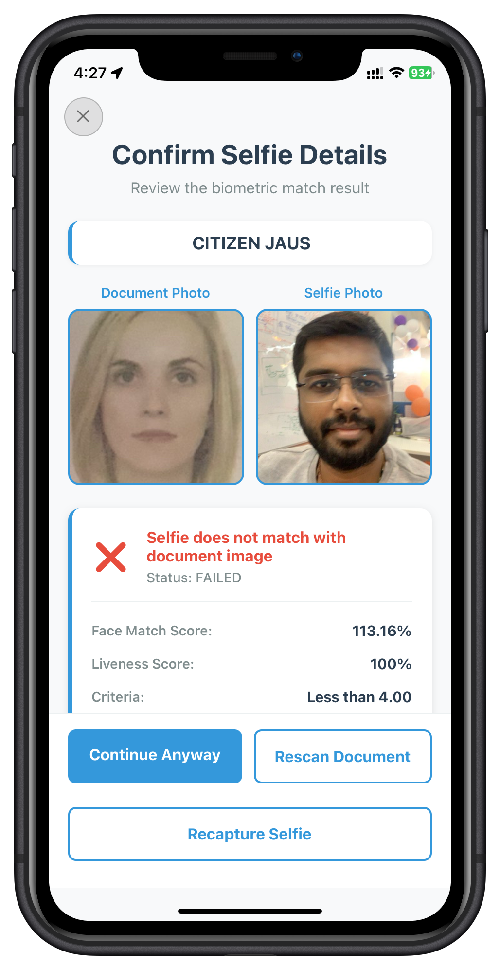 IDV Selfie Confirmation Screen