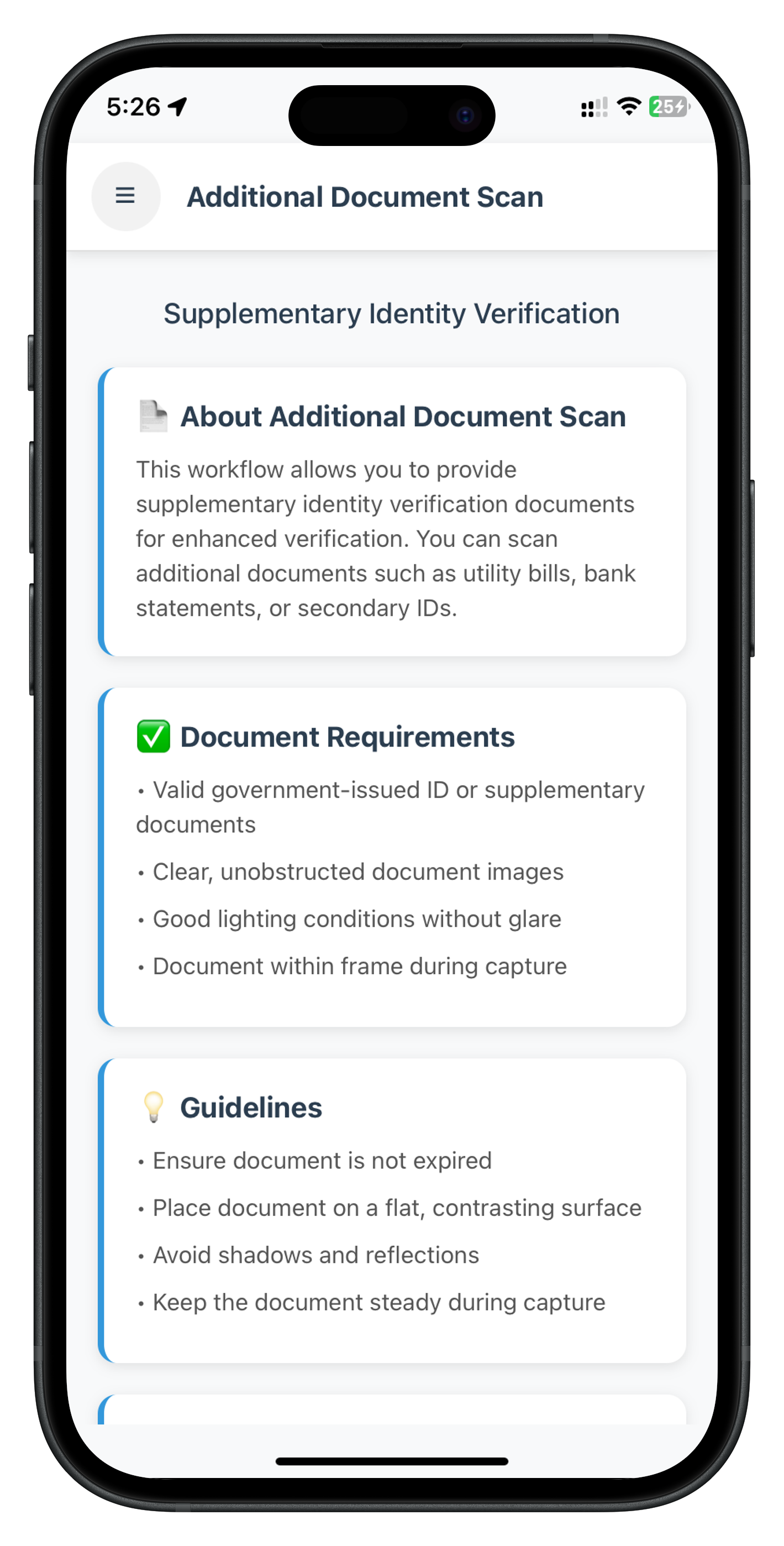Additional Document Scan Screen - Top Portion