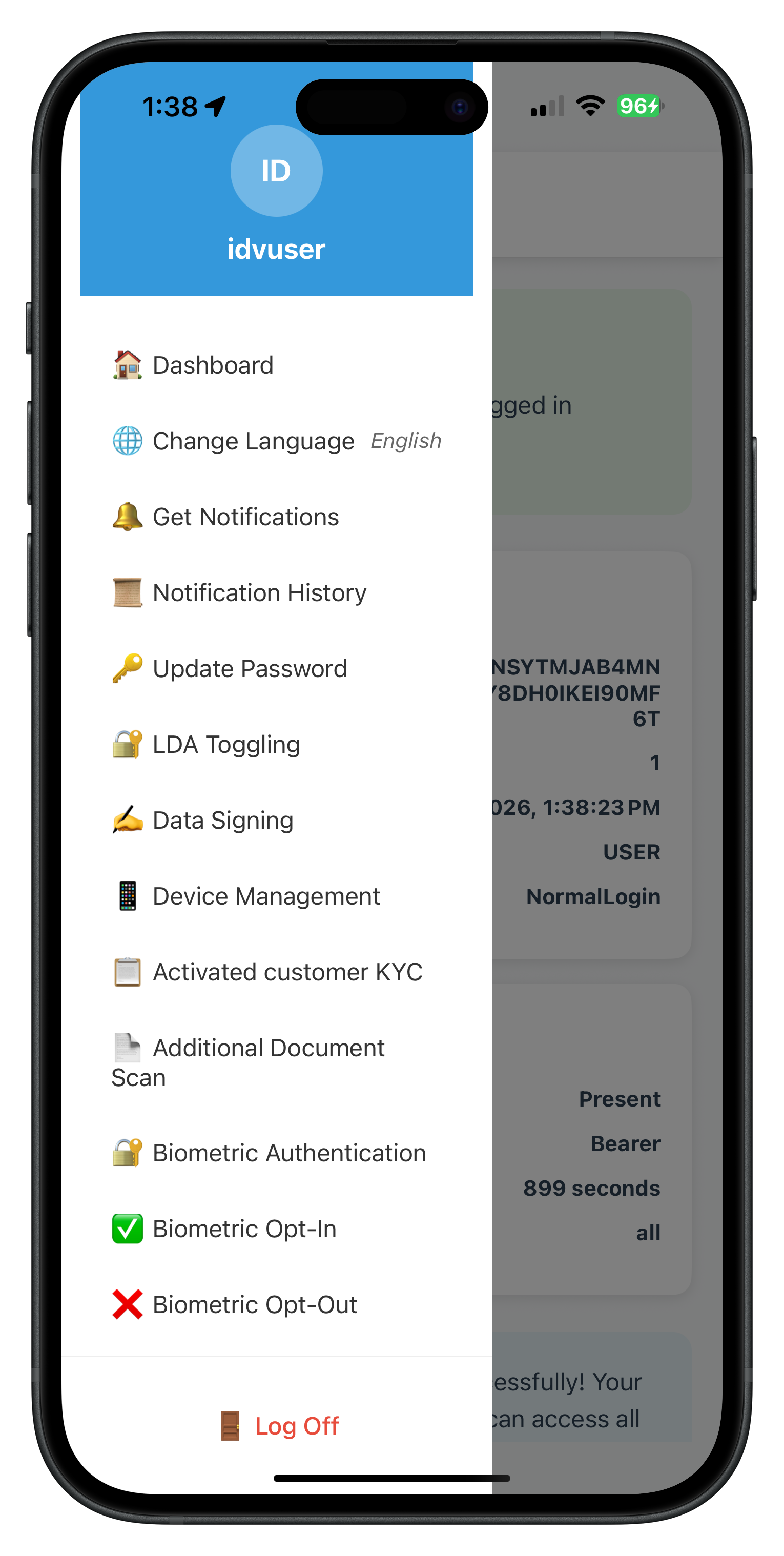 Drawer Menu with Biometric Opt-In and Opt-Out Items