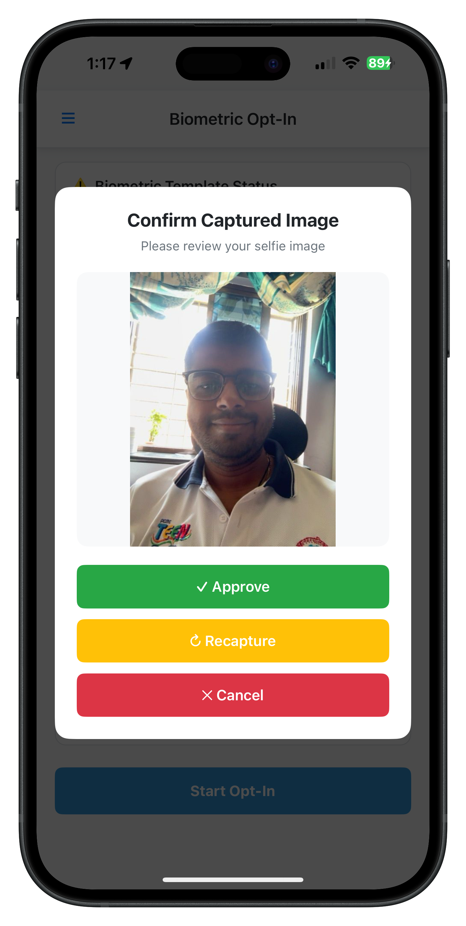 Biometric Opt-In Captured Frame Confirmation Modal