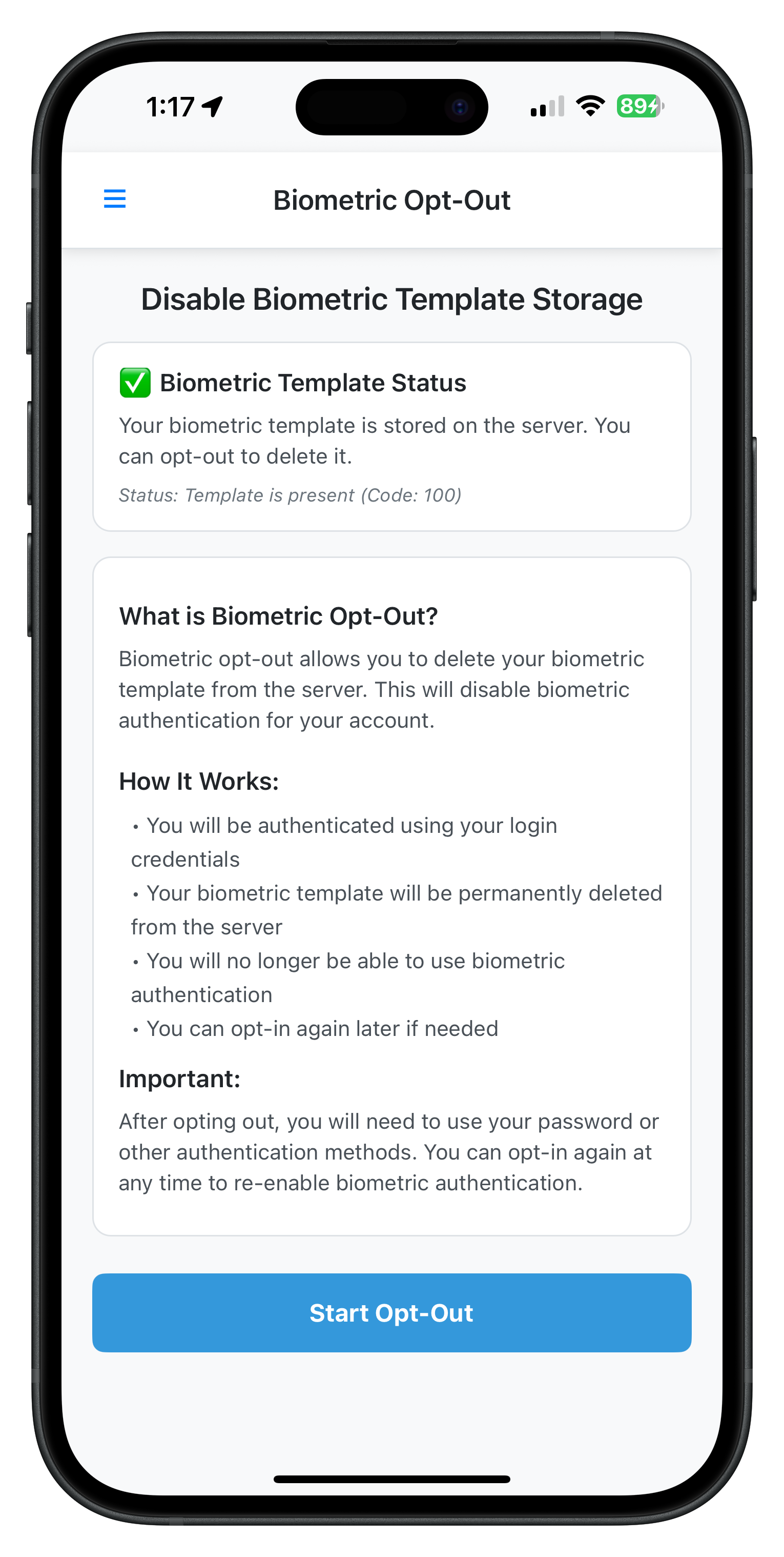 Biometric Opt-Out Screen