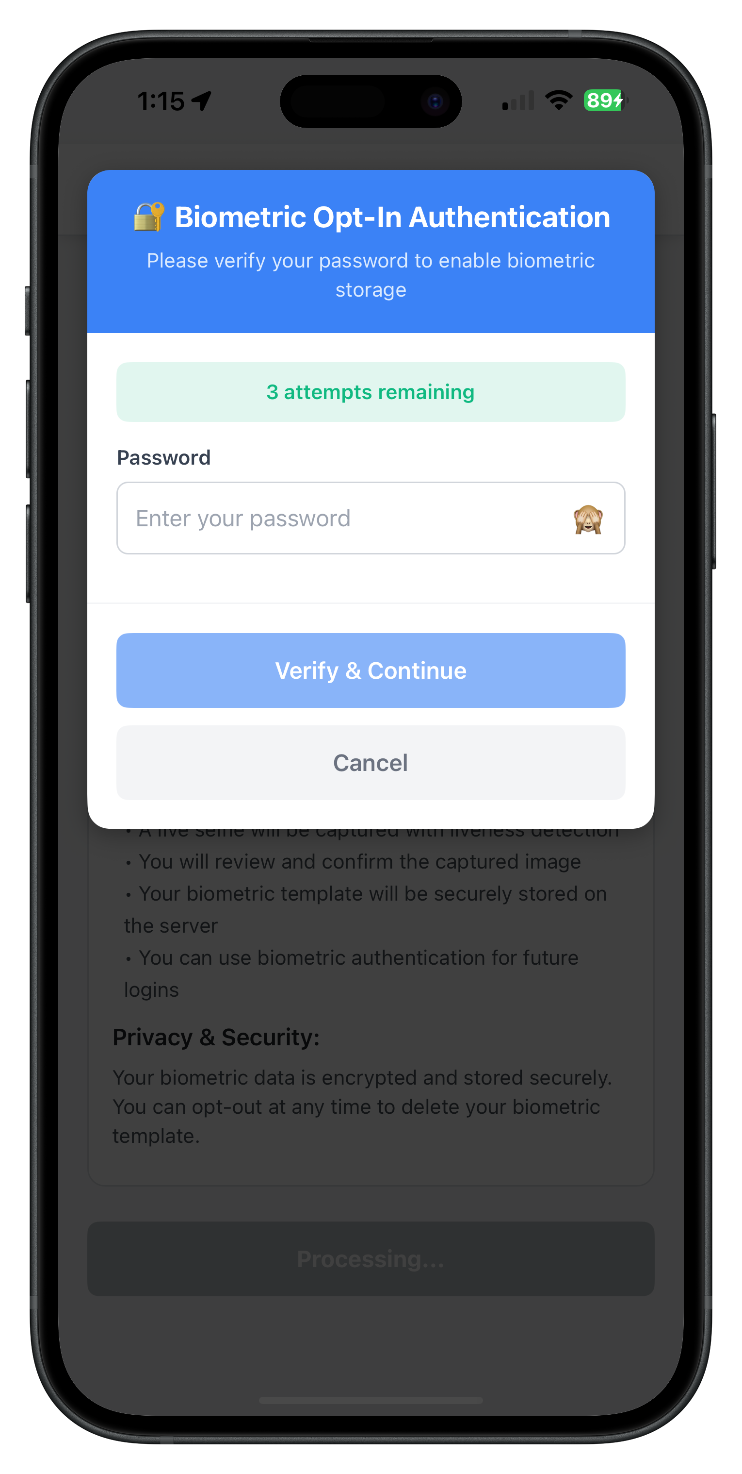 Password Validation Dialog Modal