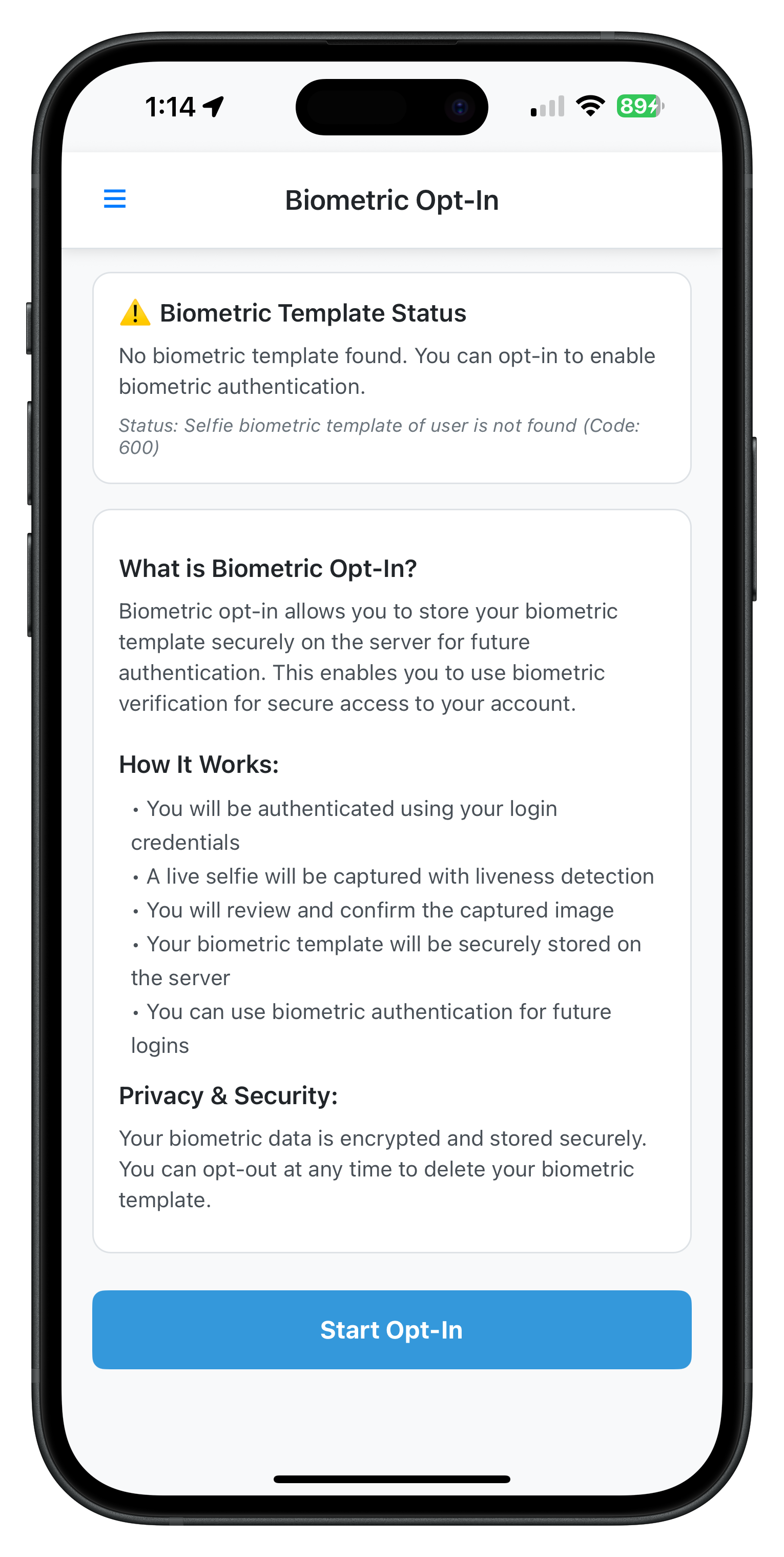 Biometric Opt-In Screen