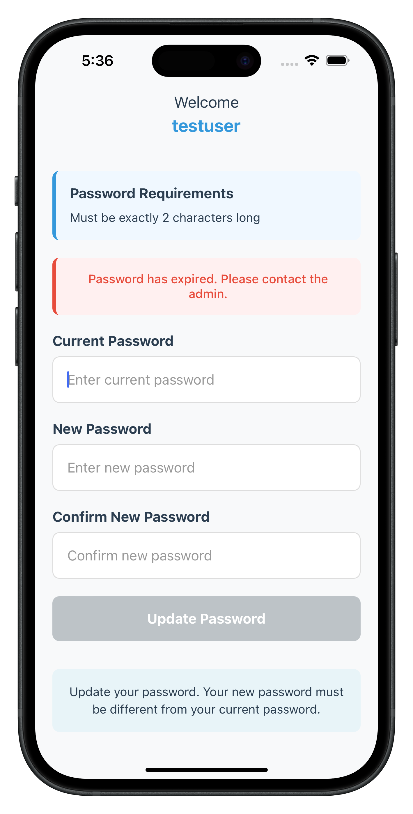 Expiry Update Password Screen