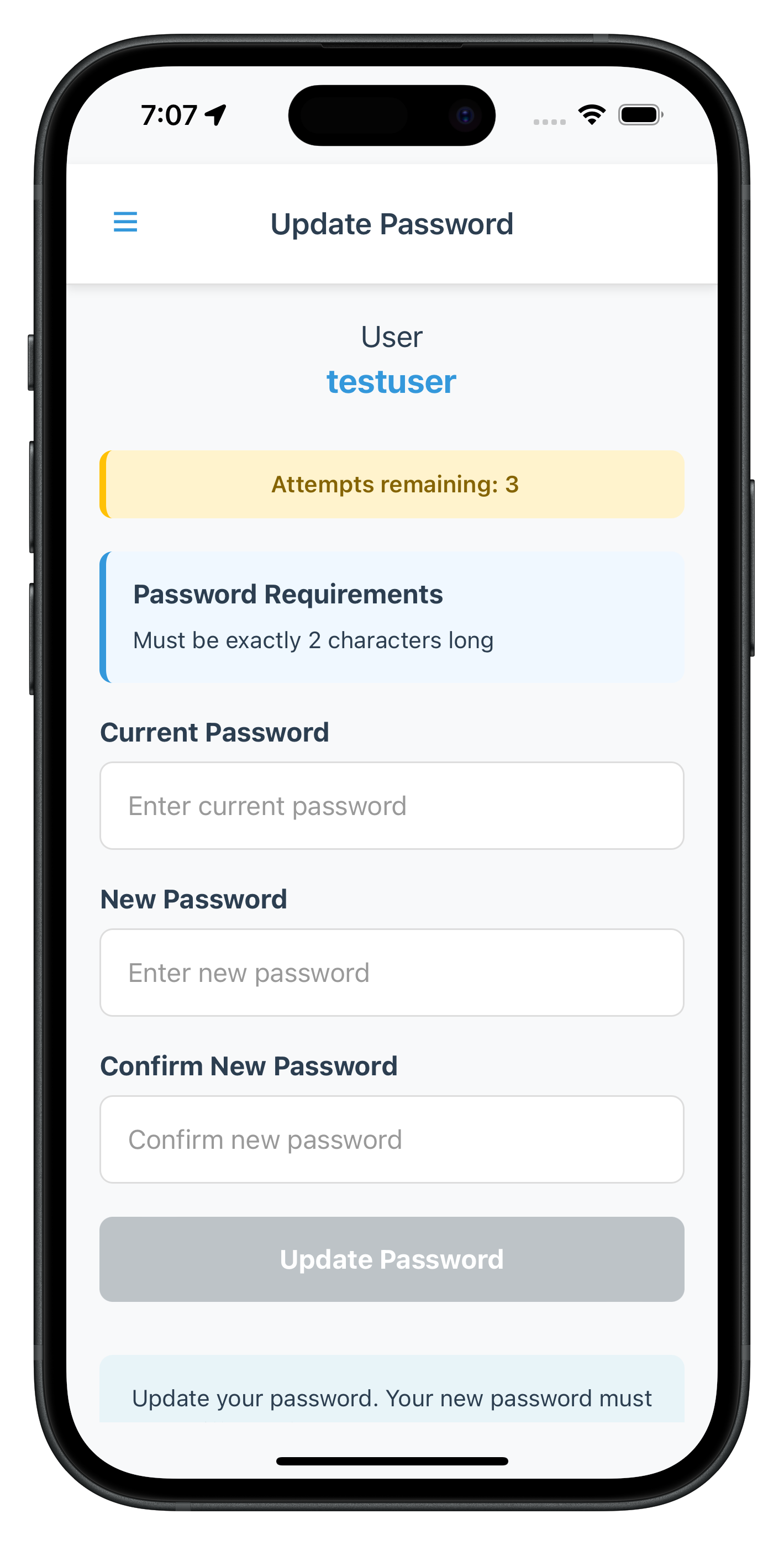 Update Password Screen